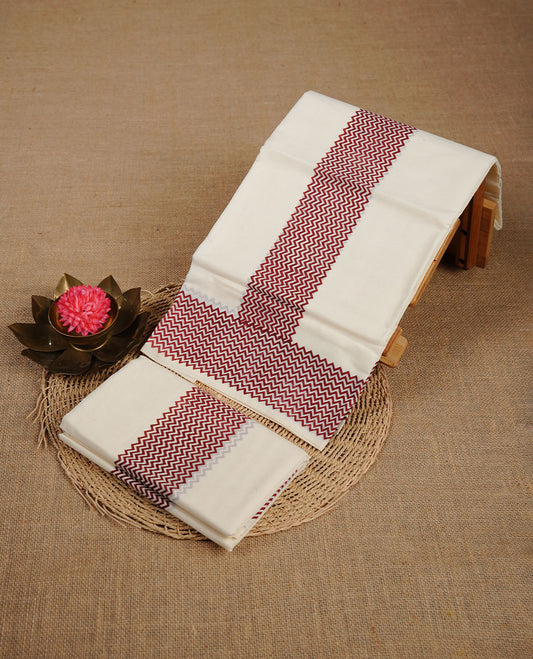 Cream colour cotton  set mundu highlighting Maroon colour zig zag patterned border.