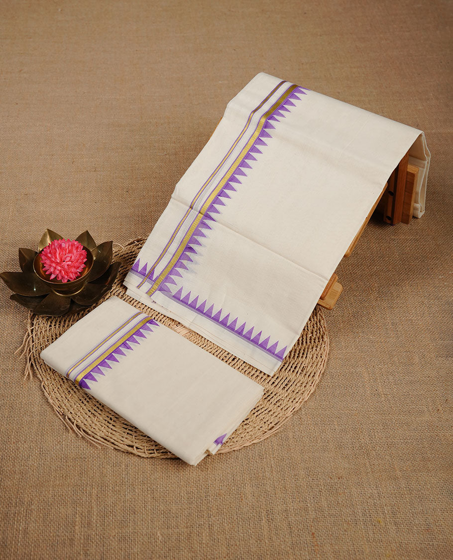 Cream colour cotton set mundu highlighting gold zari border with purple colour temple pattern.