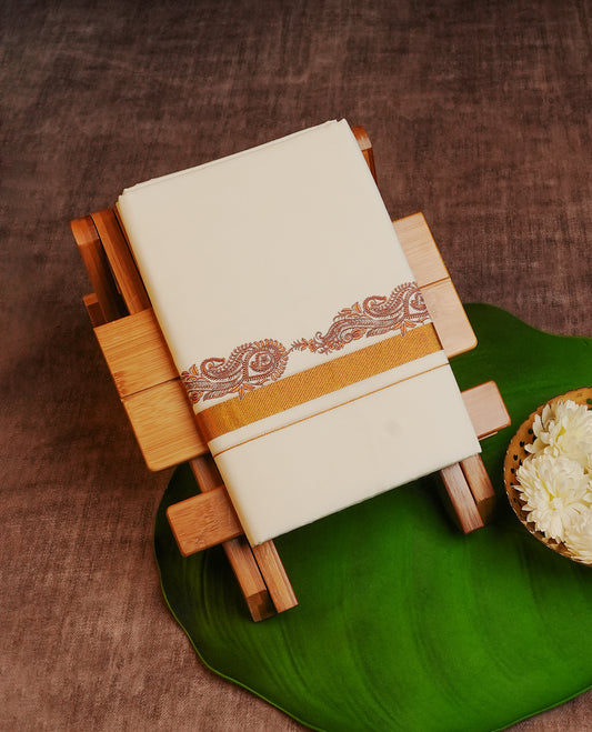 Off white Colour Cotton Double Dhoti Finished With A Classic Gold Kasav & Digital Print kara.