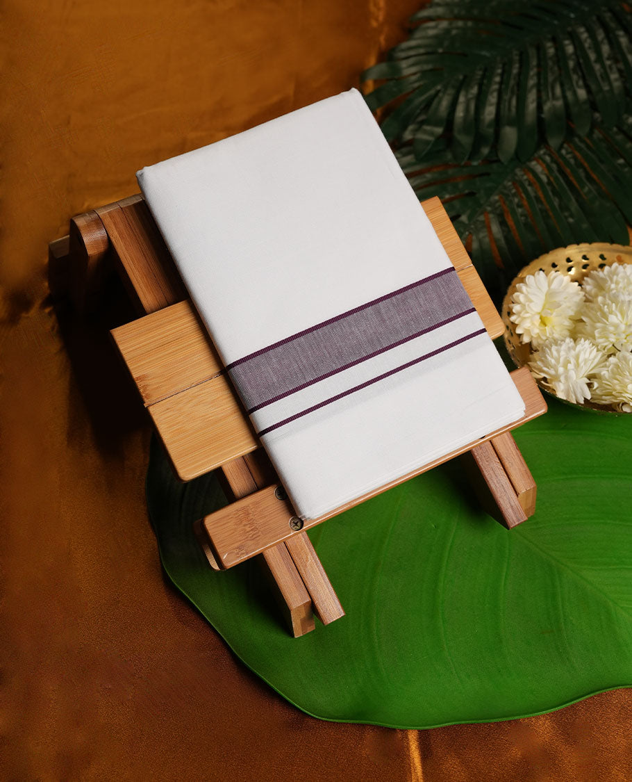 White Colour Pure Cotton single Dhoti with burgundy Colour Border for Men