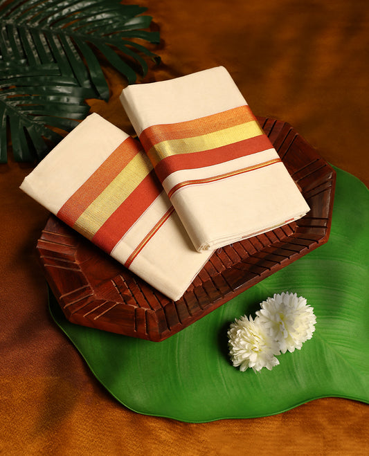 Off white colour cotton SET MUNDU featuring a plain body, complemented by a gold  and rust Orange toned Border( 2.00/2.80 MTS ).