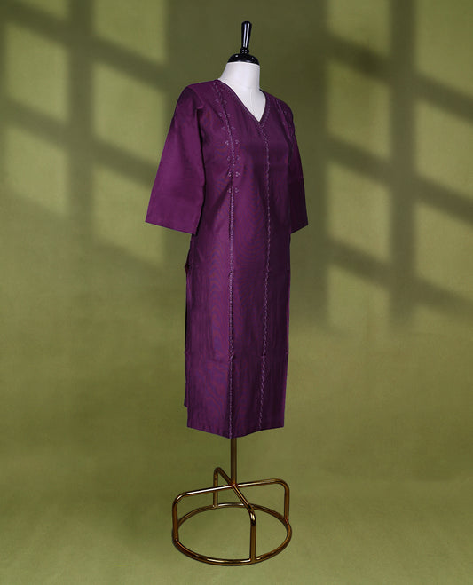 Grape Wine Colour V neck Readymade kurti with embroidery work for women, featuring 3/4 sleeves.
