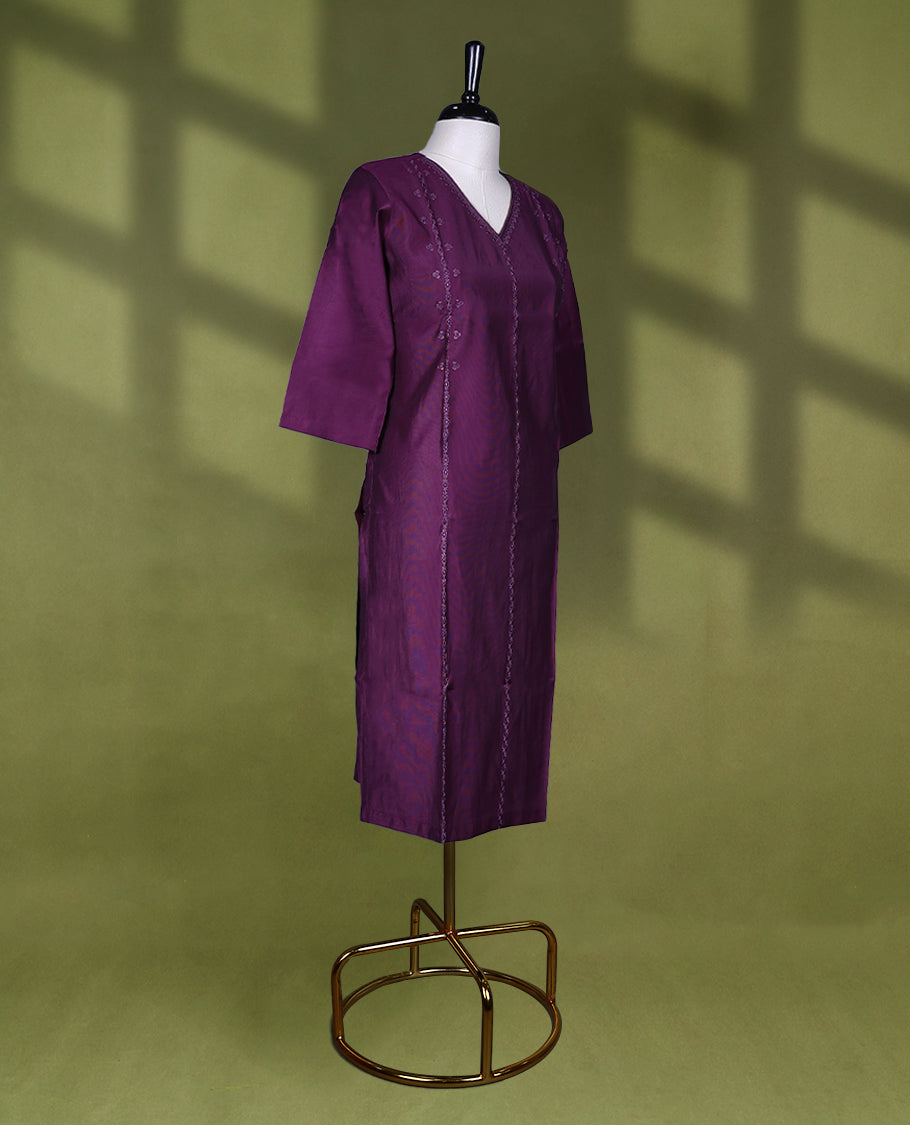 Grape Wine Colour V neck Readymade kurti with embroidery work for women, featuring 3/4 sleeves.