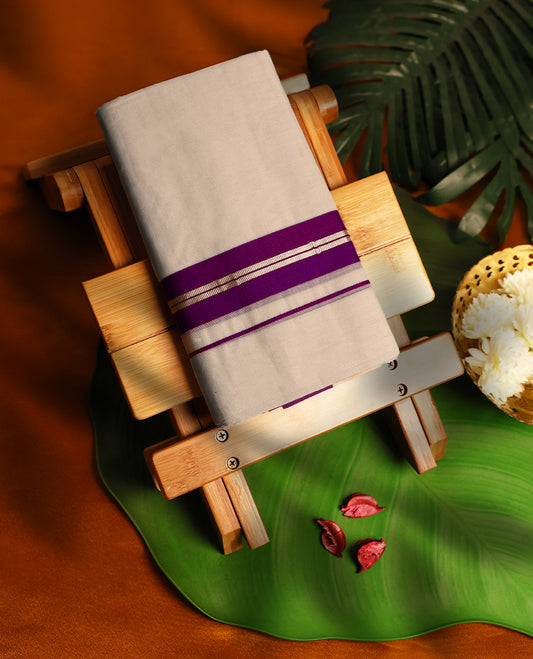 Light ivory Colour cotton double dhoti with 1.5 Inch Pruple kara, crafted for traditional elegance & comfort, for men.