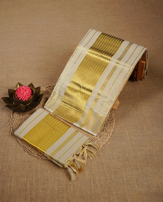 Light Gold colour tissue set mundu highlighting gold zari stripped pattern on body and border