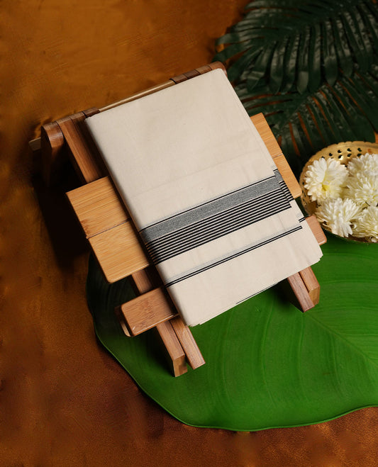 Cream Colour Pure Cotton single Dhoti with Black and Silver Colour Border for Men