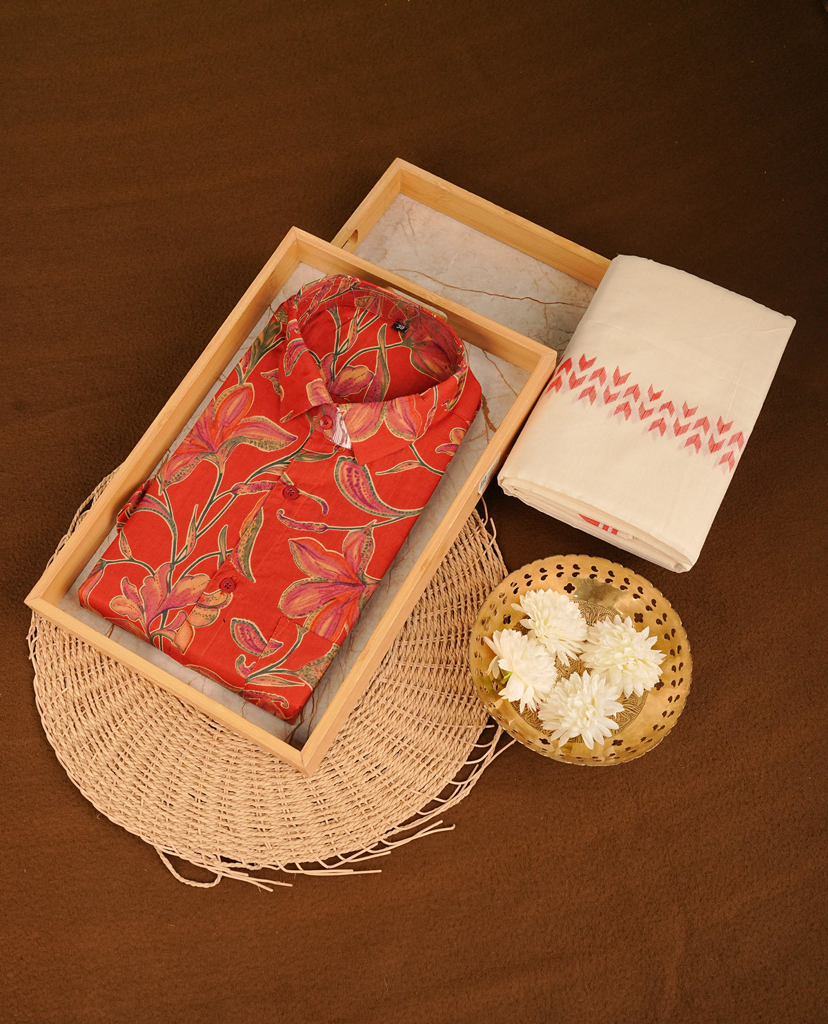 Dark Red colour shirt featuring Floral Pattern printed body, paired with cream colour double dhoti featuring Arrow printed border.