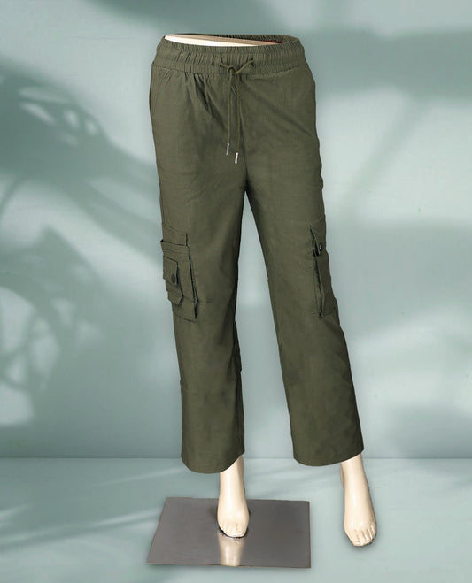 Olive green colour cargo pants with a relaxed fit and functional side pockets for a stylish utilitarian look