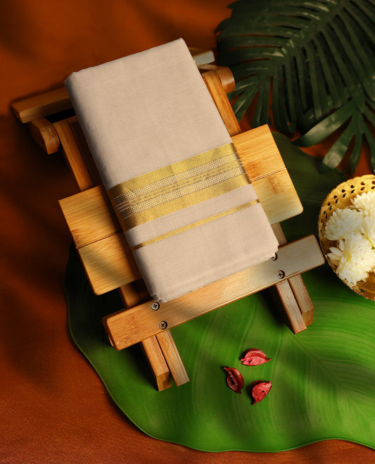 Light ivory Colour cotton double dhoti with 2 Inch Bold Golden kara, crafted for traditional elegance & comfort, for men.