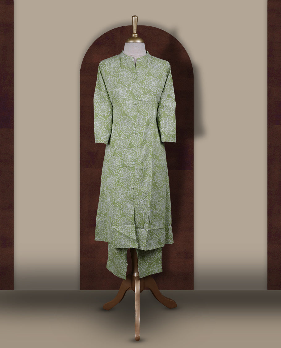Pista green colour coord set featuring elegant floral prints all over, mandarin collar, and sheer 3/4 sleeves, Paired with matching pants, it offers a sleek, modern look perfect for refined casual wear.