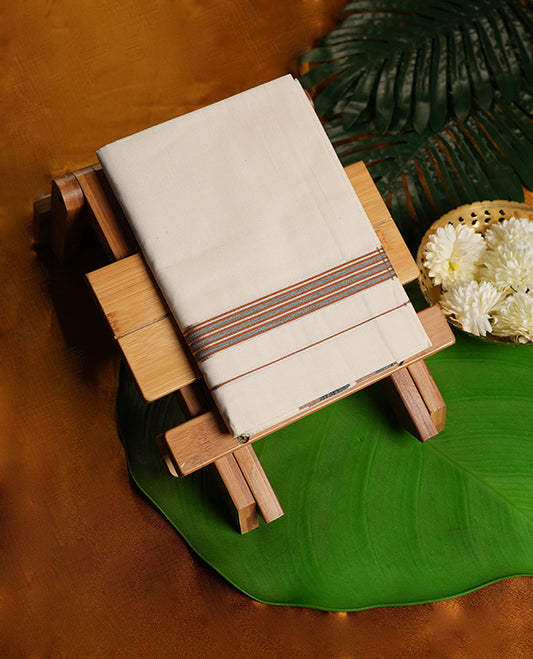 Cream Colour Pure Cotton single Dhoti with Brown, Gray and Silver Colour simple Border for Men