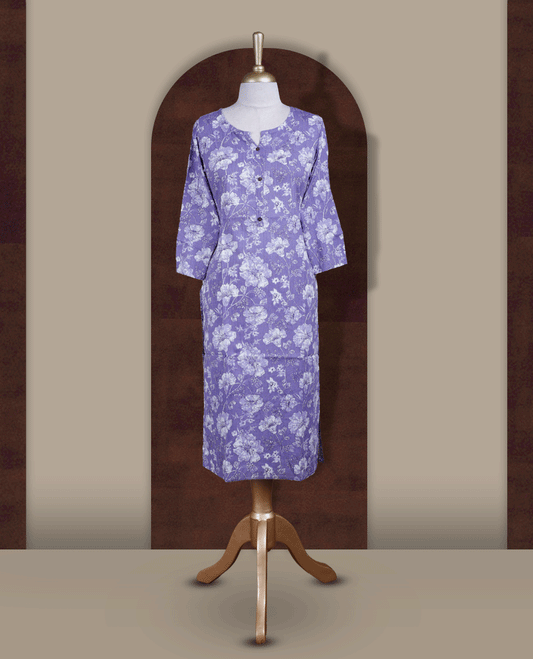 Pastel purple colour kurthi adorned with delicate white floral prints, featuring a stylish V notch round neckline and comfy 3/4th sleeves & Designed in a straight cut silhouette for a graceful, everyday look.