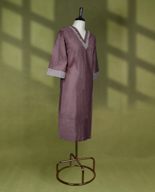 Pastel brown colour Readymade kurti with embroidery and beadwork for women, featuring 3/4 sleeves.