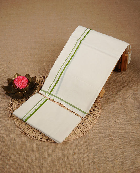 Cream colour cotton set mundu highlighting simple Green colour border.