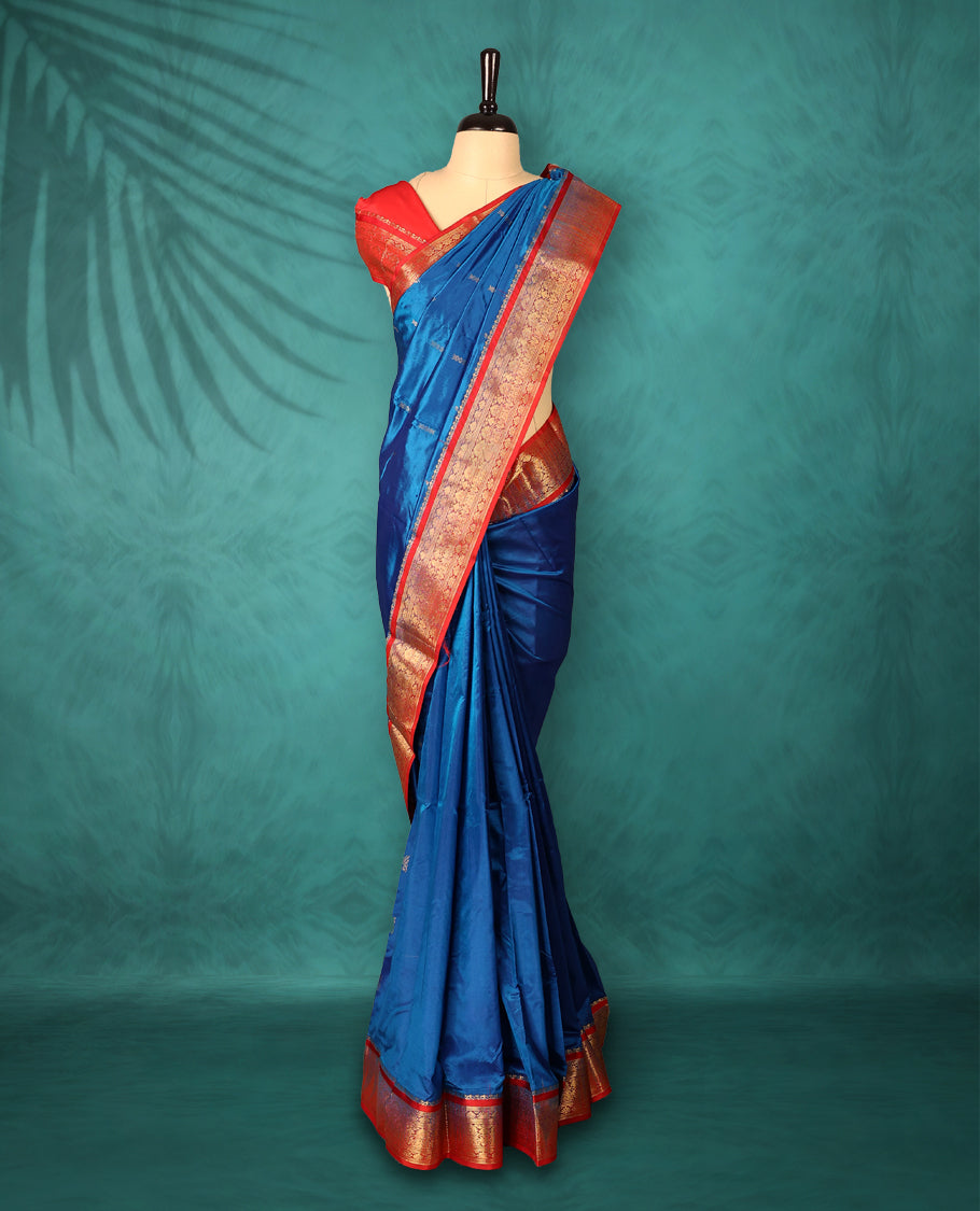 Blue colour Dharmavaram saree with small gold motifs on body, Rich Red traditional border with intricate gold zari weaving, grand zari pallu, perfect for Bharatanatyam, with matching blouse.