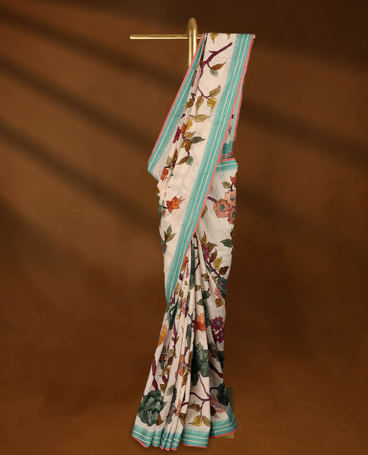Off-white Colour lightweight khadi cotton saree featuring earthy-coloured digital floral kodi prints on the body, accented with an aqua green border, and paired with a matching blouse.