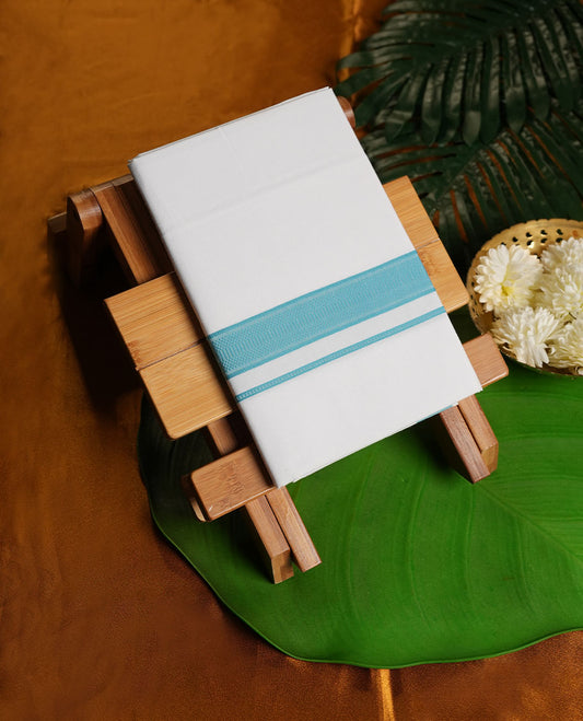 White Colour Pure Cotton single Dhoti with Cyan Colour Border for Men