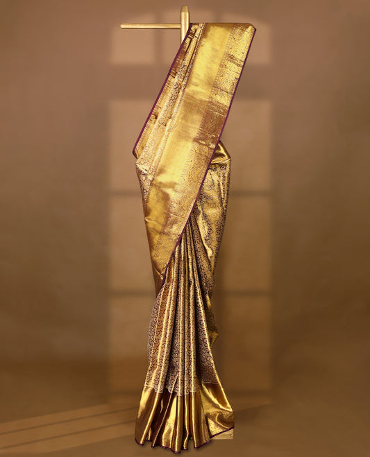Golden Colour Pure Tissue Wedding Saree having Zari Jaal Body with Dark Grape Brocade Border and Blouse