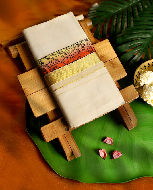 Off white handloom cotton double dhoti featuring a vibrant artistic border in orange and yellow with intricate motifs, complemented by a golden zari stripe for a festive appeal.