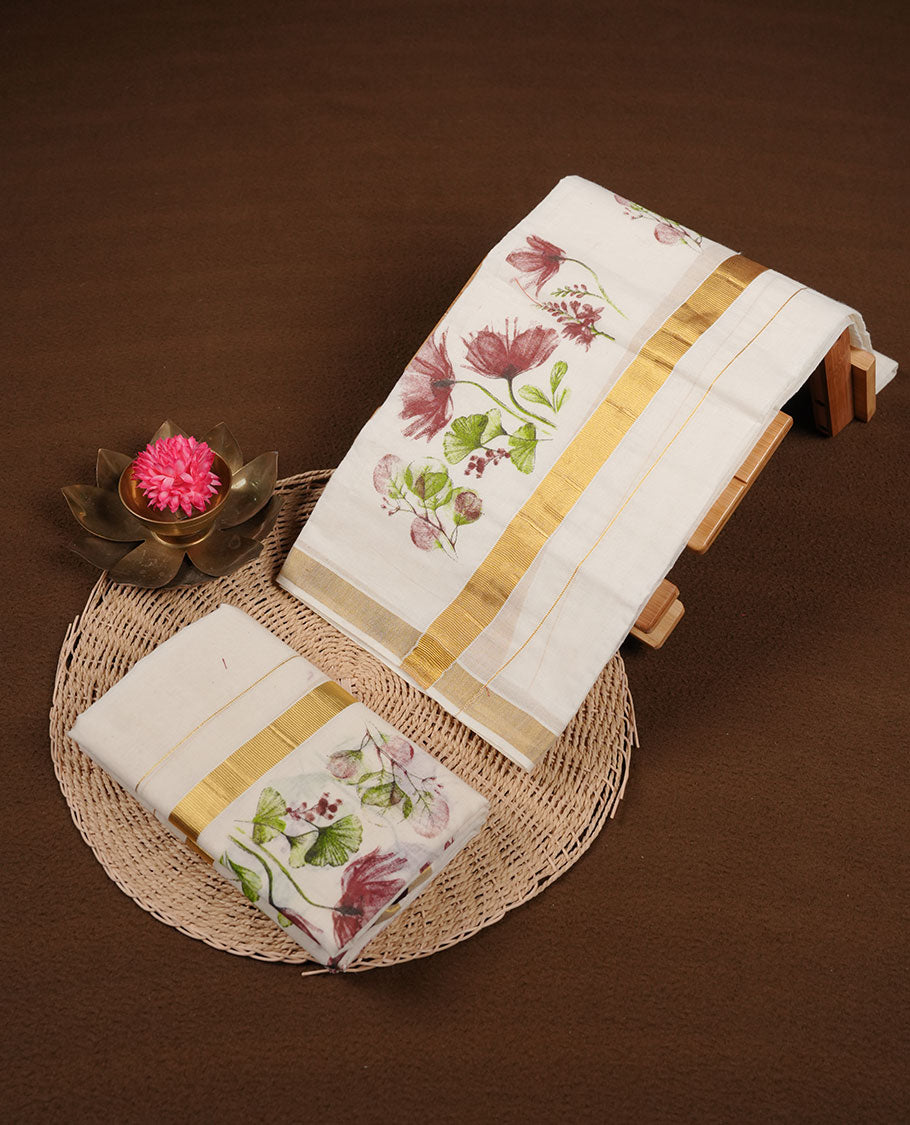 Off white colour cotton set mundu highlights gold zari border featuring floral print across border (2.00/2.80 MTS)