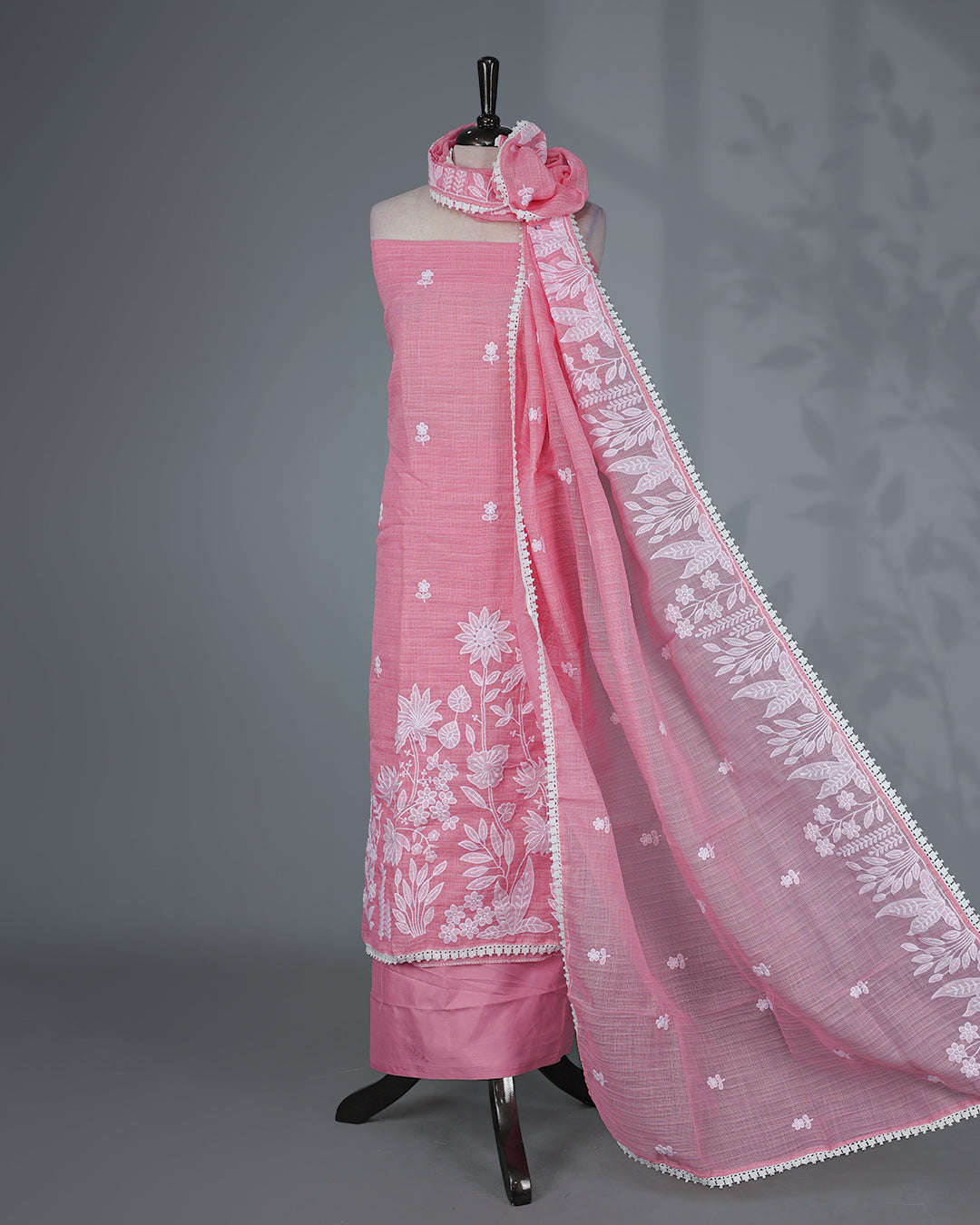 Candy Pink Colour Kotta Net  Salwar Material Featuring Elegant White Floral Thread Embroidery on the Kurta, paired with a matching bottom & beautifully embroidered Dupatta.