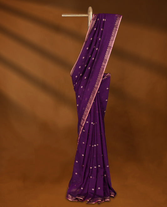 Purple colour soft khadi cotton saree with small Beige Zari Flower motifs on the body, detailed woven Gold zari border, paired pallu with tussles, with matching blouse.