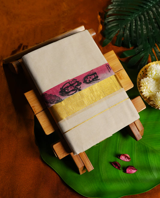 Off white colour dhoti in beige with vibrant golden zari and maroon mythological print border & Perfect for special rituals, temple visits, and festive wear & A regal blend of heritage and style.