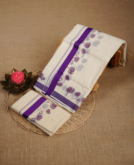 Cream colour cotton set mundu highlighting Purple colour lotus printed & border