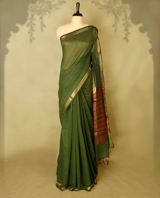 Grass Green colour chanderi cotton saree with fine striped body, mangalgiri border, grand pallu featuring Red and gold zari stripes, with matching blouse.