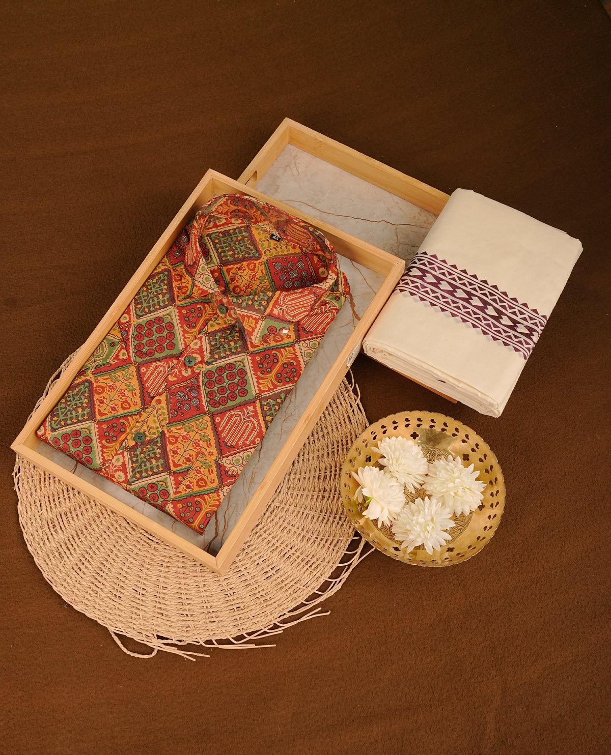 Multicolour colour shirt featuring Floral Pattern printed body, paired with cream colour double dhoti featuring Purple printed border.