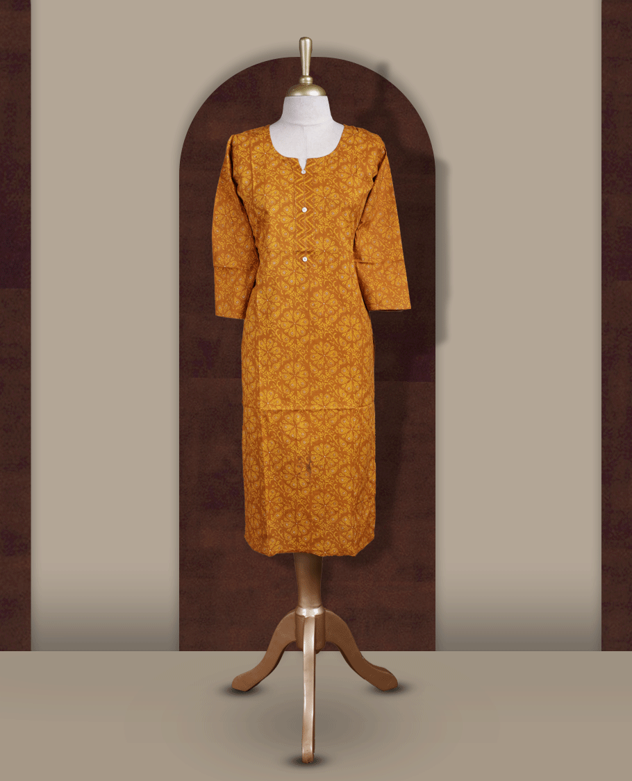 Mustard yellow colour kurti adorned with all over floral prints, featuring a stylish V notch round neckline and comfy 3/4th sleeves for a graceful ethnic look.