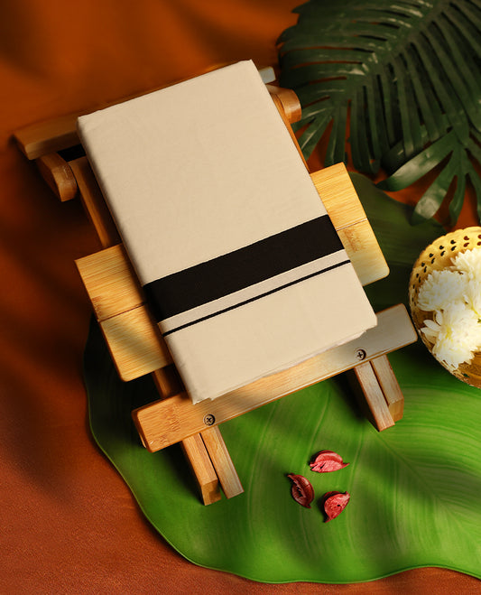 Light ivory Colour cotton single dhoti with 1.5 Inch Black kara, crafted for traditional elegance & comfort, for men.