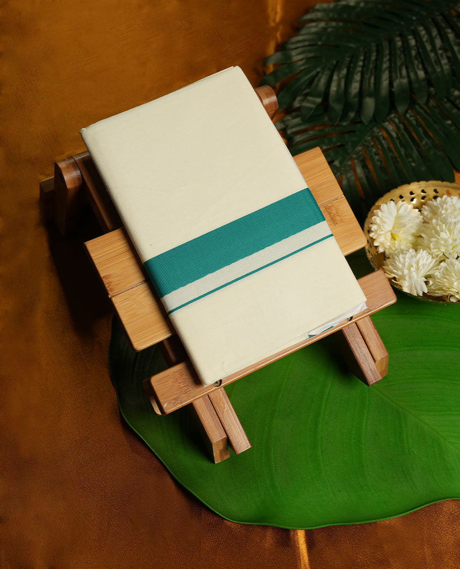 Cream Colour Pure Cotton single Dhoti with Green Colour Border for Men