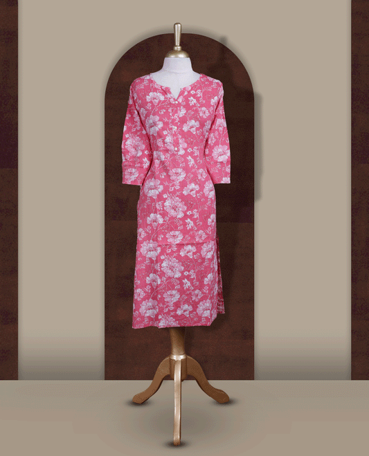 Pink colour kurthi adorned with delicate pink and white colour floral prints all over, featuring a stylish V notch round neckline and comfy 3/4th sleeves.