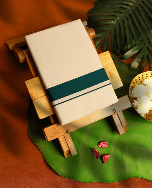 Light ivory Colour cotton single dhoti with 1.5 Inch Deep Sea Green kara, crafted for traditional elegance & comfort, for men.