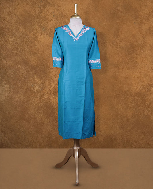 Blue colour kurti with multicolour colour thread pattern across the body, knee length design, styled with a V neckline and a  sleeve .