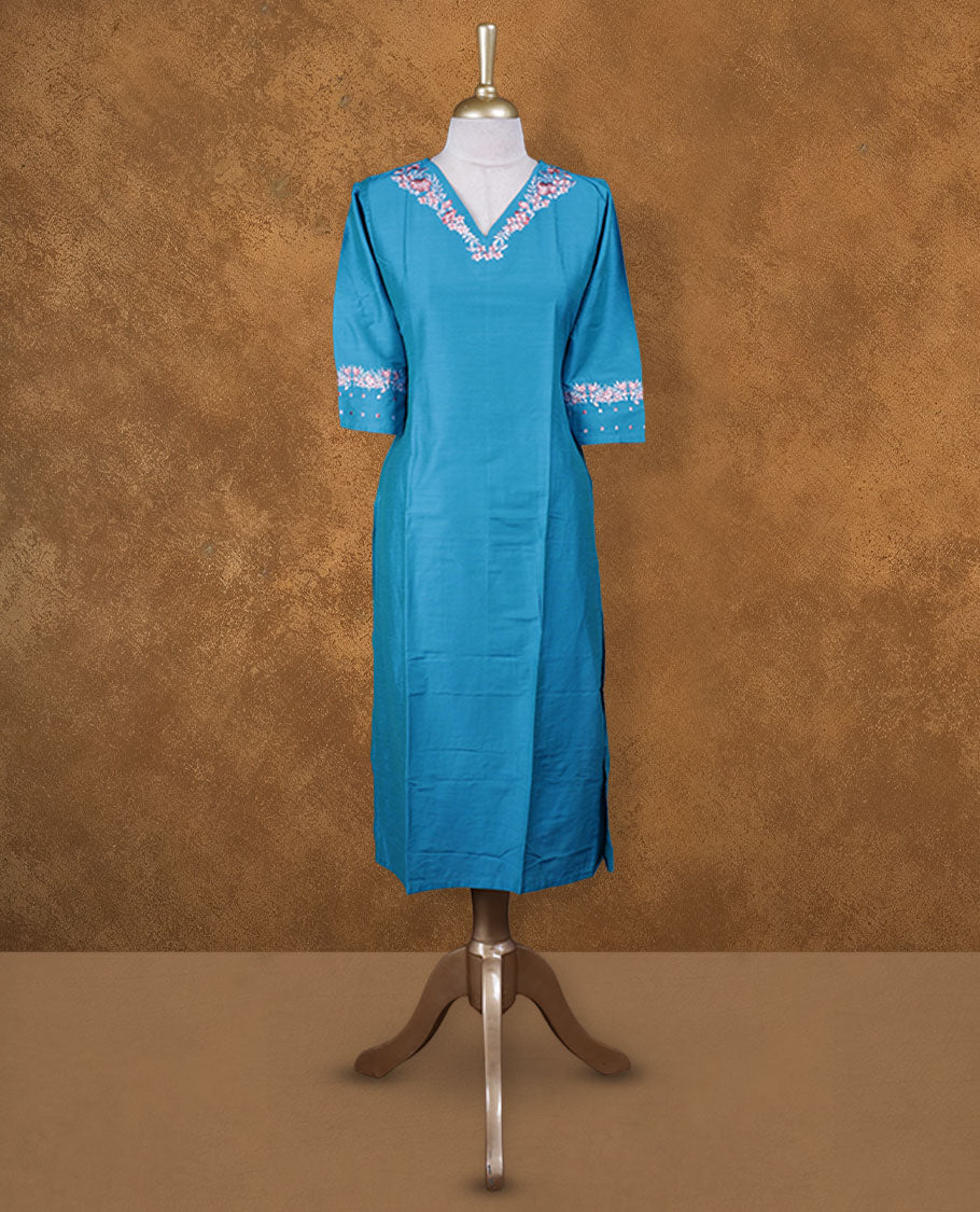 Blue colour kurti with multicolour colour thread pattern across the body, knee length design, styled with a V neckline and a  sleeve .