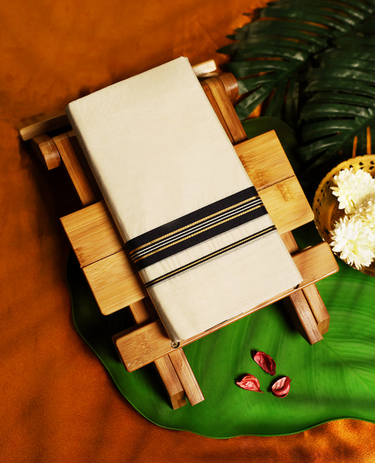 Classic off white colour cotton dhoti adorned with a striking black border enhanced with fine golden zari lines, blending tradition with elegance, ideal for festive wear, rituals, and cultural occasions.