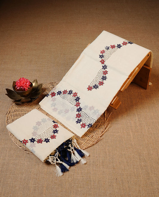 Off white colour cotton Set Mund featuring a plain body, enhanced by a floral printed border.