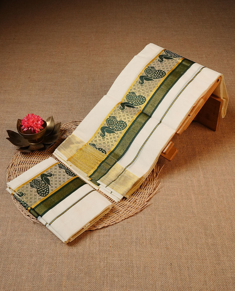 Off white colour Cotton Set Mund featuring a plain body, enhanced by a traditional green and gold woven border with peacock motifs.