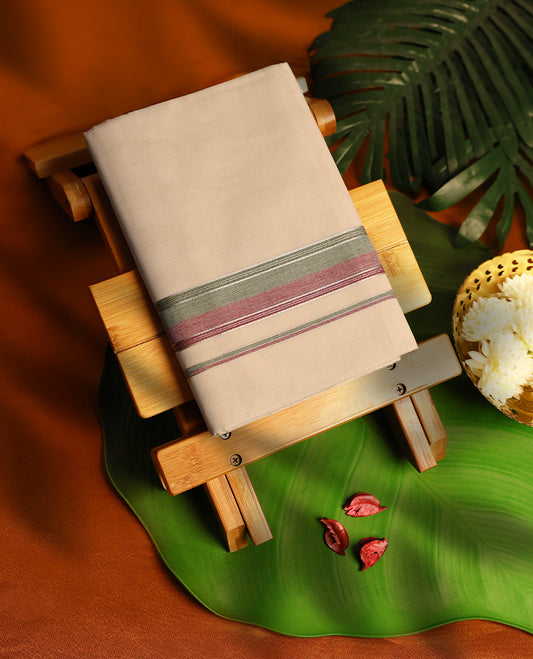 Light ivory Colour cotton double dhoti with 1.5 Inch Pastel Green & Maroon kara, crafted for traditional elegance & comfort, for men.