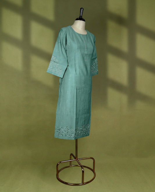 Pastel green colour round neck Readymade kurti with embroidery work for women, featuring 3/4 sleeves
