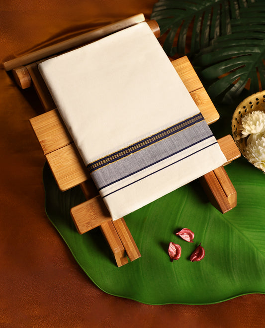 Off white colour cotton single dhoti featuring a broad grey kara highlighted with fine golden and black woven lines, crafted for cultural elegance and everyday comfort, perfect for traditional occasions.