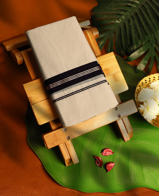 Light ivory Colour cotton double dhoti with 1.5 Inch Black kara, crafted for traditional elegance & comfort, for men.