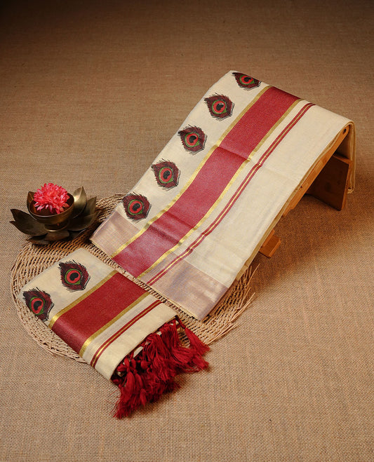 Golden colour Tissue silk set mundu features a plain body accented by a Peacock Feather print on Red & gold zari border.