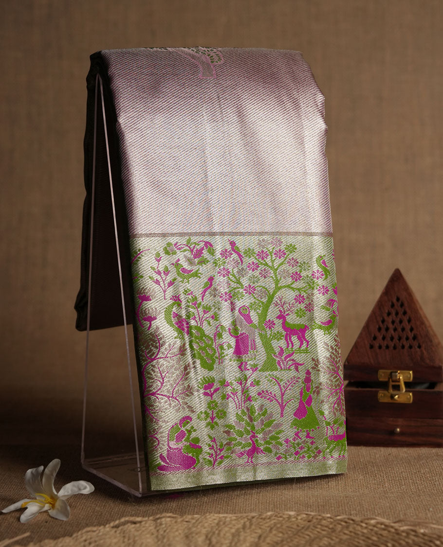 Light Pink Tissue Saree, Green and Magenta Forest Animal Print with Birds and Deer, Decorative Zari Border, Scalloped Pallu Design, with Matching Blouse