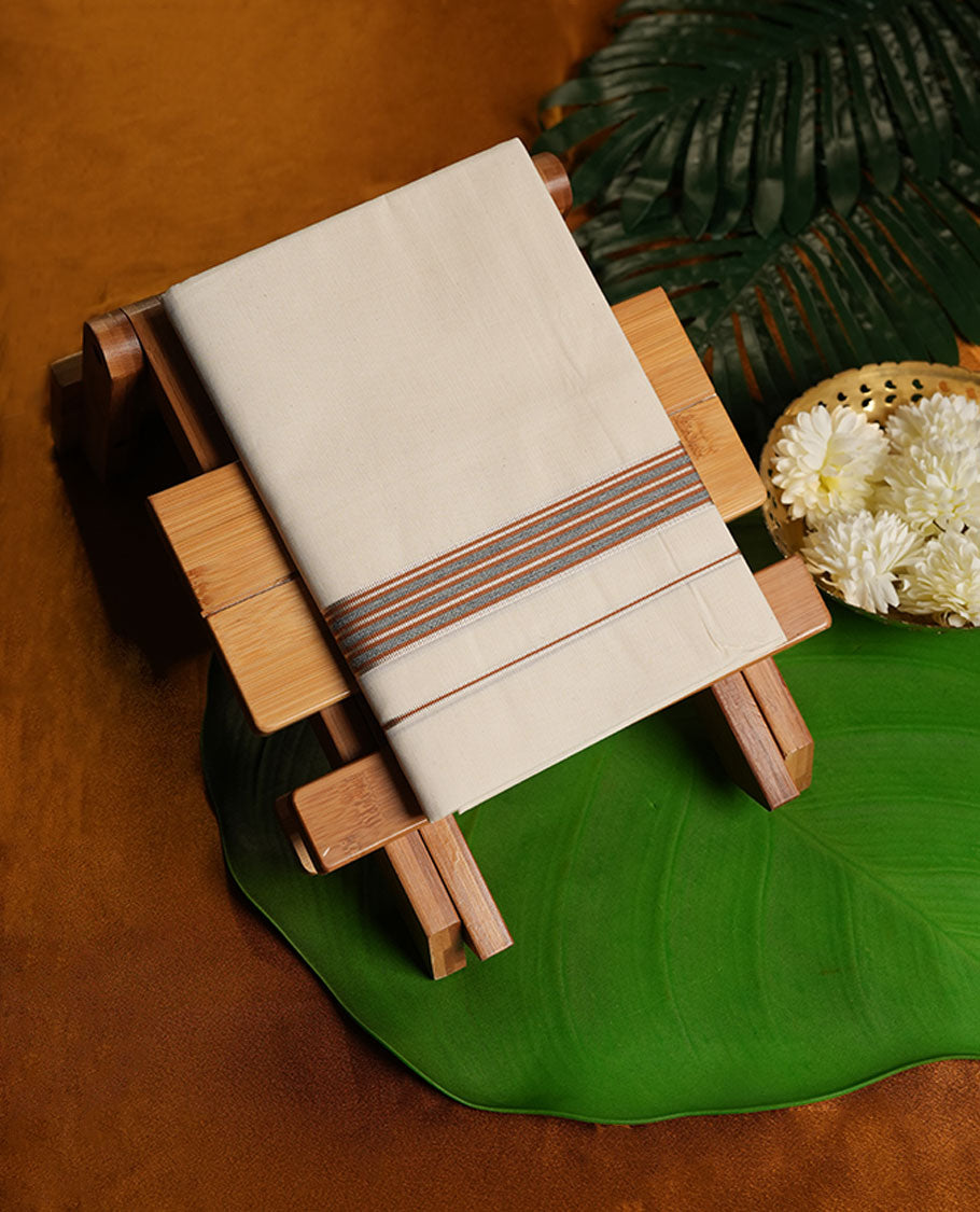 Cream Colour Pure Cotton single Dhoti with Brown and black Colour Border for Men