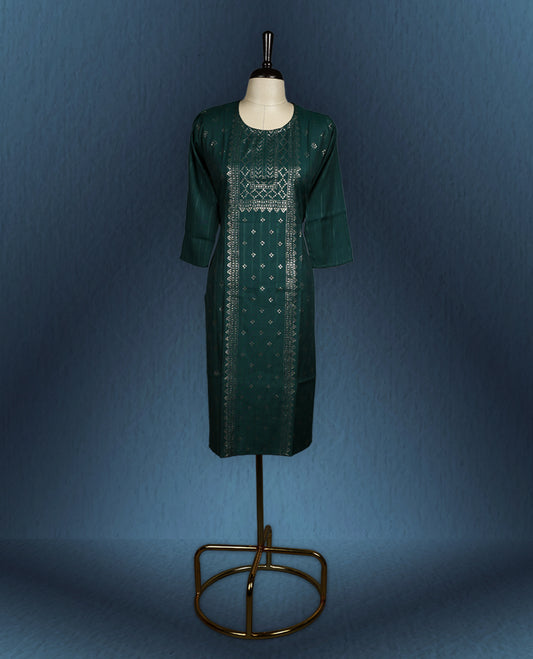 Deep green colour kurti with intricate golden geometric and floral pattern prints on the front panel, styled with a round neckline and elegant three quarter sleeves