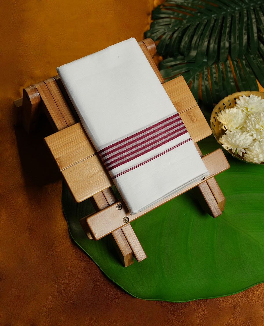 White Colour RAMRAJ Pure Cotton double Dhoti with Dark red Colour Border for Men