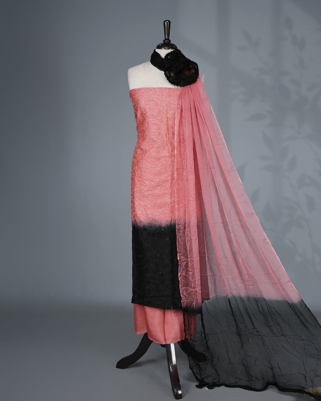 Dusty Rose Salwar Material featuring intricate all-over thread embroidery on the kurta, paired with a matching solid bottom and a lightweight ombre dupatta.